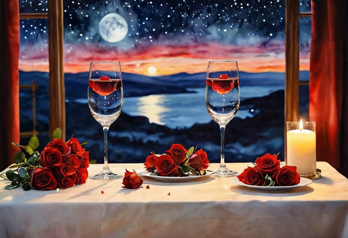 A sensual, romantic table set for two under soft candlelight, with lush red roses and delicate wine glasses reflecting the flickering glow. The background features a dreamy, starry night sky to evoke intimacy, while hints of playful, warm colors suggest passion and connection. Soft fabrics like silk and velvet accentuate the atmosphere, inviting closeness and affection. watercolor painting. warm tones. ethereal glow.