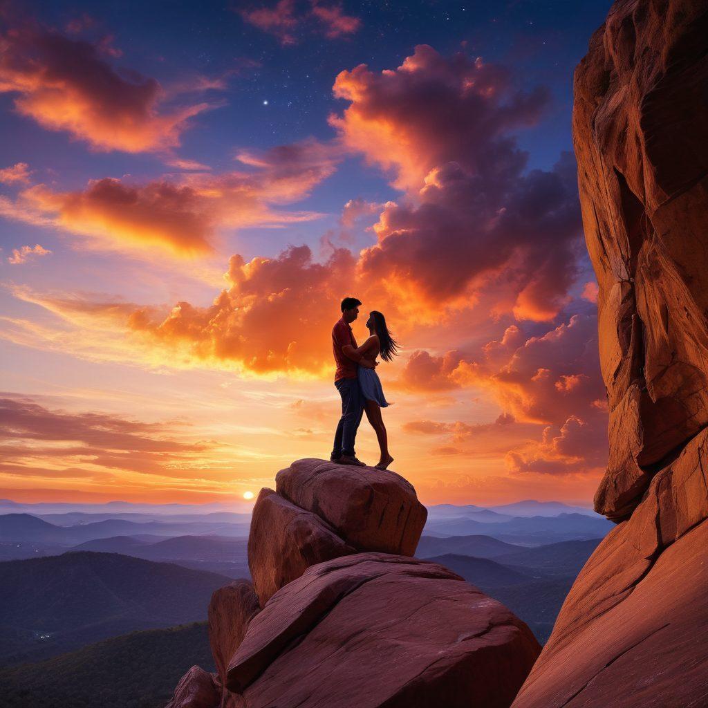 A dynamic couple, passionately engaged in adventurous activities like rock climbing and dancing under a starlit sky, showcasing both seduction and wild exploration. The scene is infused with vibrant colors, highlighting the intensity of their connection, while subtle elements like heart-shaped clouds and playful shadows add a whimsical touch. The backdrop features a breathtaking sunset that blurs the line between romance and thrill. super-realistic. vibrant colors. romantic atmosphere.